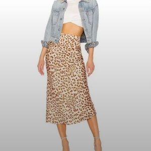 Free People Normani Silky Slip Midi Skirt Camel Leopard. Size 12.